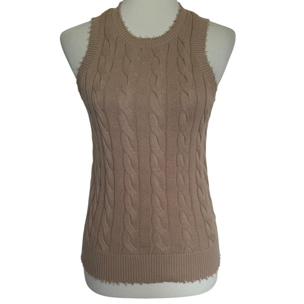 Minnie Rose Stone Washed Distressed Cotton Cable Knit Tank - Desert